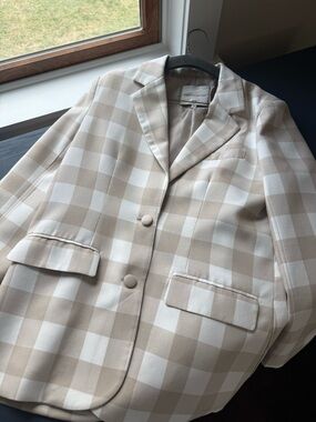 English Laundry, Oversized, Medium, Checked Beige & White Gingham Blazer